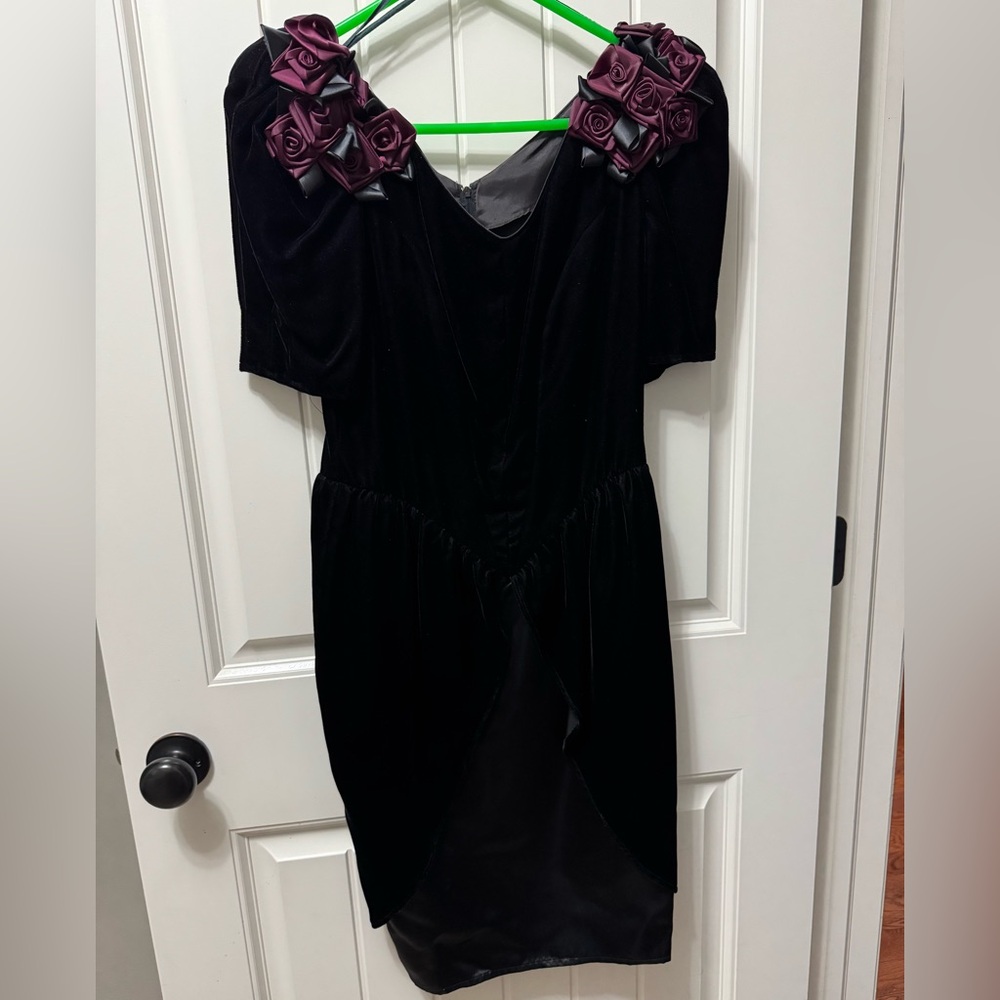 Scott McClintock vintage 80s black velour dress with flowered sleeves